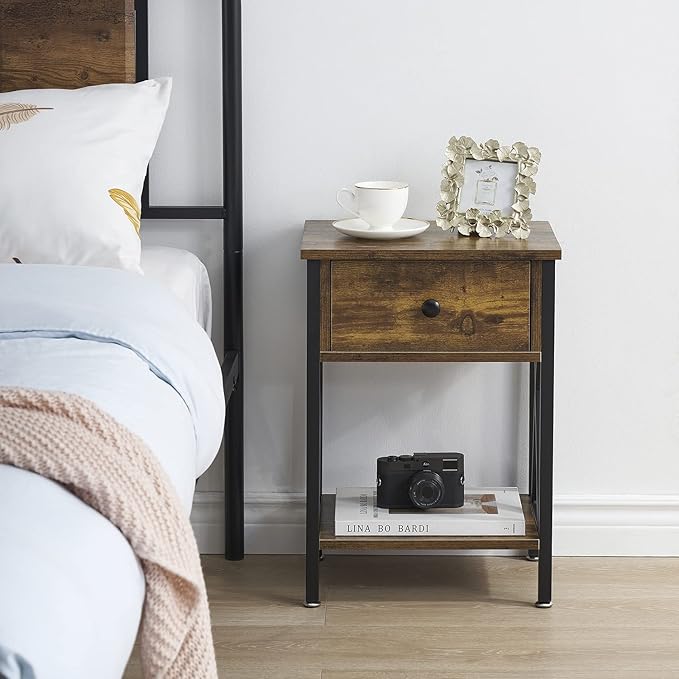 VECELO End Tables, Modern Nightstand with Drawer & Shelf, Night Stand for Bedroom Living Room,Industrial Metal Frame
