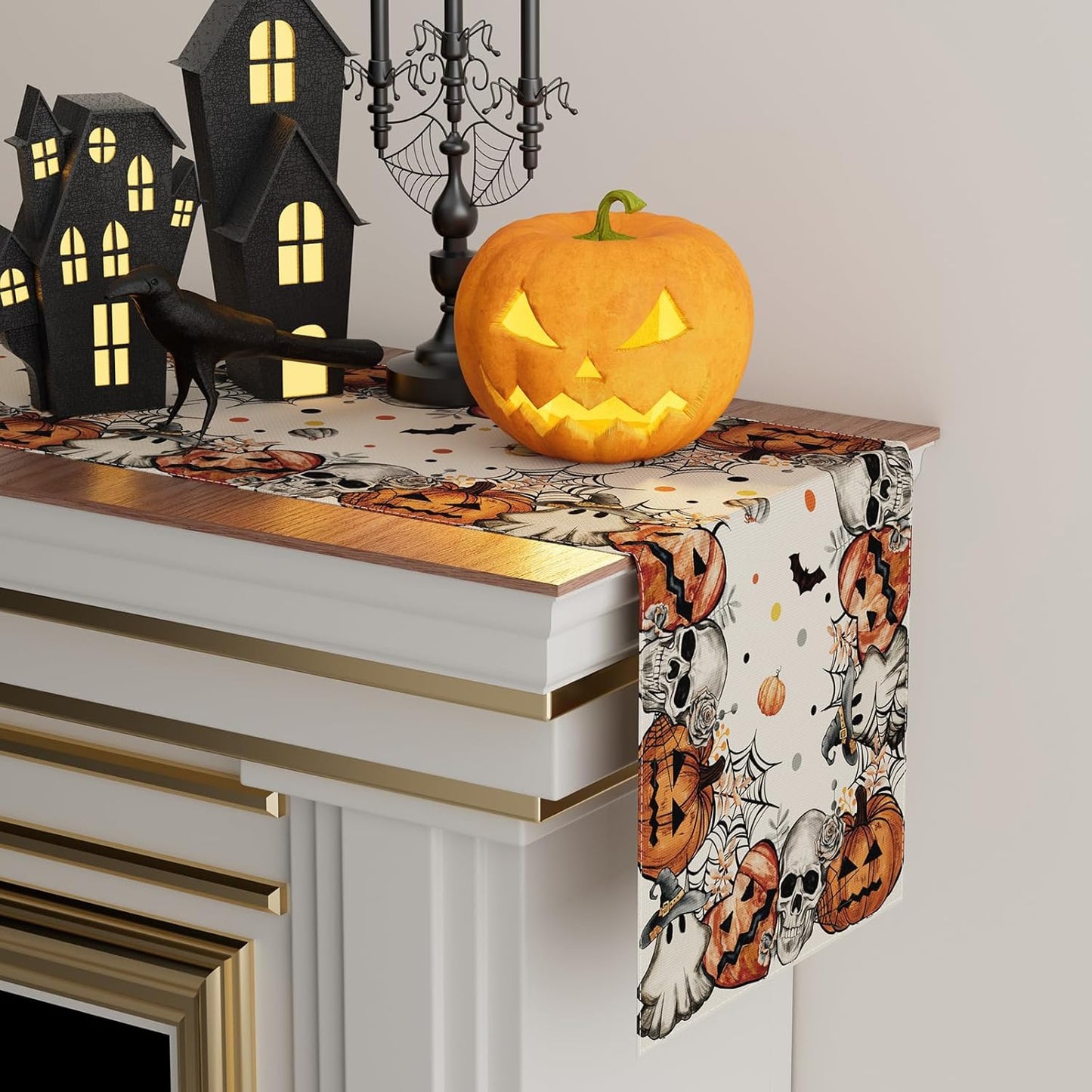 XCHI Spooky Skeleton Ghost Pumpkin Halloween Table Runner Party Table Decoration for Home Kitchen Dining Holiday Decor 13x72 Inch