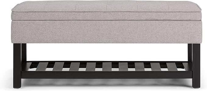 SIMPLIHOME Cosmopolitan Storage Ottoman Bench - 44 inch Wide Upholstered Linen Look Fabric Rectangle Storage Ottoman in Cloud Grey, Transitional Bench for Bedroom with Tufted Lift-Top and Open Shelf