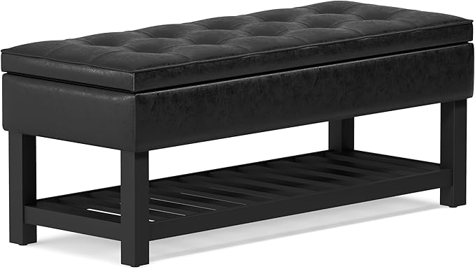 SIMPLIHOME Cosmopolitan Storage Ottoman Bench - 44 inch Wide Upholstered Vegan Leather Rectangle Storage Ottoman in Distressed Black, Transitional Bench for Bedroom with Tufted Lift-Top and Open Shelf