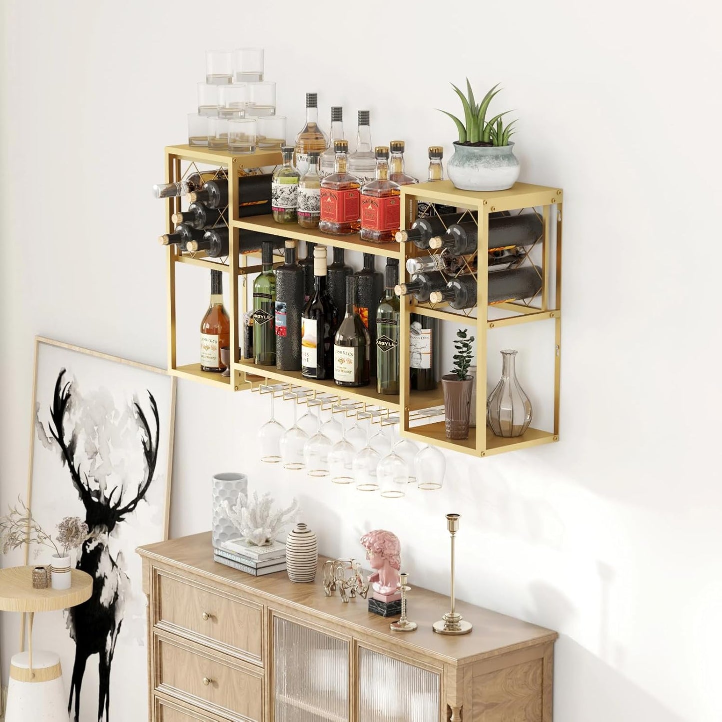 Wall Mounted Wine Rack with Glass Holder,Metal Floating Bar Liquor Shelves 2 Tier,Wine Glass Rack Multi Functional Wine Storage Display Rack for Home Bar Dining Room Kitchen,Gold