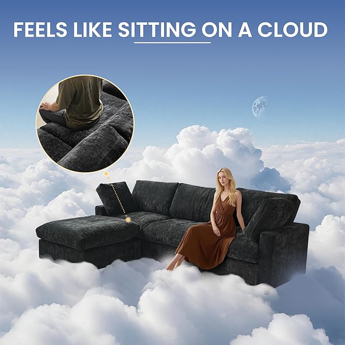 WJShome L Shaped Sectional Couch 134 Inch 4-Seater Modern Modular Sofa with Ottoman,Chenille Deep Seat Couches for Living Room, Bedroom and Apartment，Black