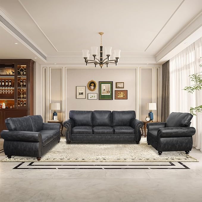 Living Room Furniture Sets,Sofa Sets and Couch Sets for Living Room,Mid-Century Vintage Sofa Couches with Rivet Design (Grey, Single+Loveseat+3 Seater)