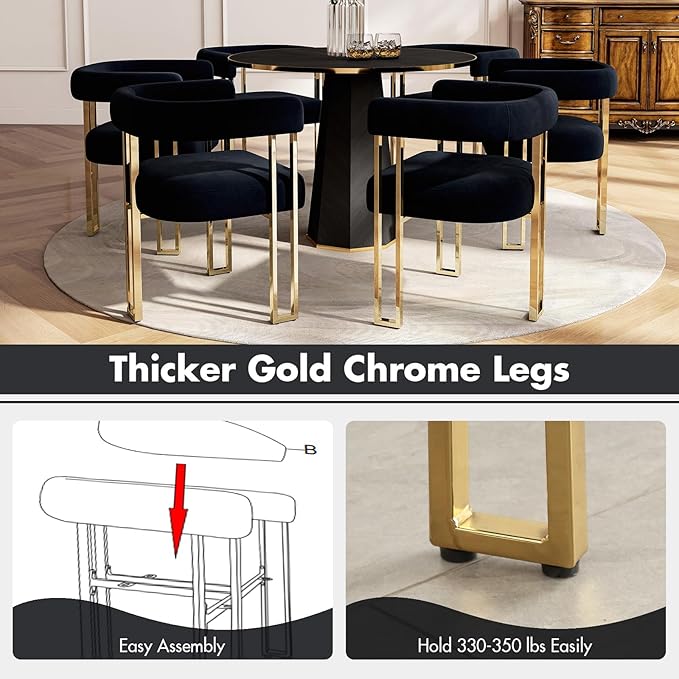Set of 4 Black and Gold Modern Dining Chairs, Velvet Upholstered Barrel Armchairs with Metal Legs for Kitchen Island, Mid Century Accent Chairs for Dining Room Living Room, Open-Back