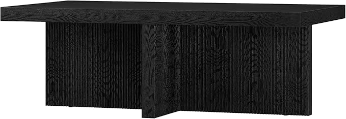 Henn&Hart 44" Fluted Rectangular Wood Pedestal Low-Profile Coffee Table for Living Room, Family Room or Office, Black Grain