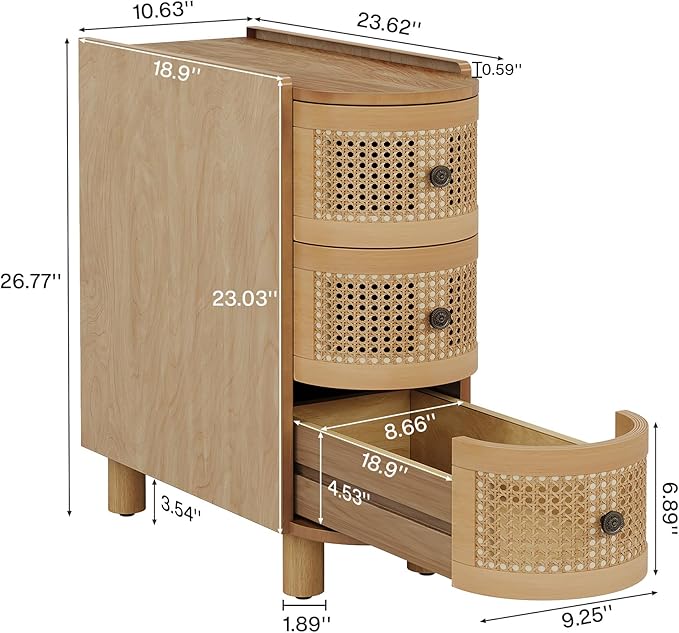 Tribesigns Solid Wood End Table, 3-Drawer Rattan Side Table, Night Stand with 3 Rattan Drawers and Exquisite Embossed Handles for Living Room, No Assembly Required (1, Oak)