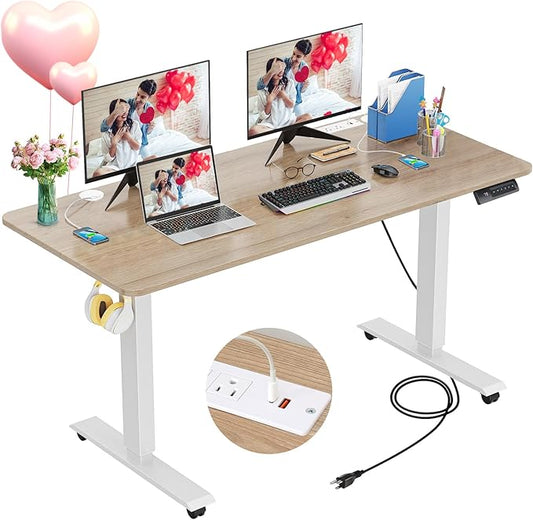 farexon 48 x 24 inch Standing Desk Electric Adjustable Height with Charging Station, Stand up Desk with Ergonomic Workstation, 4 Preset Heights Easy to Set（Oak Grey