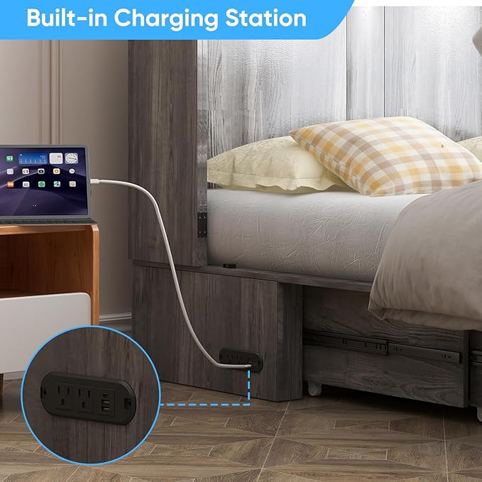 Mjkone Murphy Bed, Cabinet Murphy Bed with Tri-Fold Memory Foam Mattress, Farmhouse Wooden Cabinet Beds with USB Charging Station and 2 Storage Drawers for Bedroom/Office/Guest Room-Gray, Queen