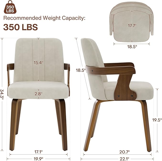 Kitchen Dining Chairs Set of 2, Faux Leather Upholstered Dining Room Chairs with Wood Arms and Legs, Mid Century Modern Kitchen Side Chair for Living, Bedroom, Restaurant, Walnut/Beige