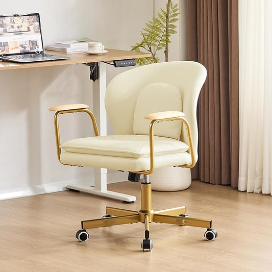 Furniliving Leather Home Office Desk Chairs，Comfy Office Chair, Adjustable Swivel Computer Chair with Golden Legs and Wooden Padded Armrest, Modern Upholstered Task Chair with Wheels,Beige