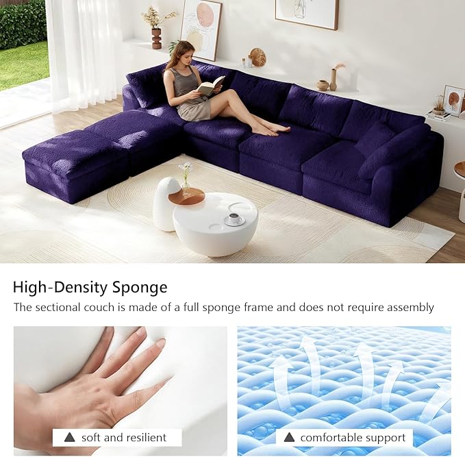 138" Boneless Cloud Couch Modular Sectional Sofa with Deep Seat for Living Room, L Shape Couch with Ottoman, Snowflake Cloth and 40D Memory Sponge，2 Throw Pillows (Purple, 4 Seater+2 Ottoman)