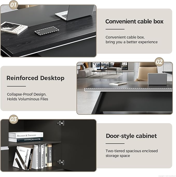 Modern L Shape Executive Desk with Storage Drawers – Large Black Corner Office Table for Home Workspace, Spacious Executive Desk with Cabinets (Black/Left, 87" L * 63" W * 30" H)