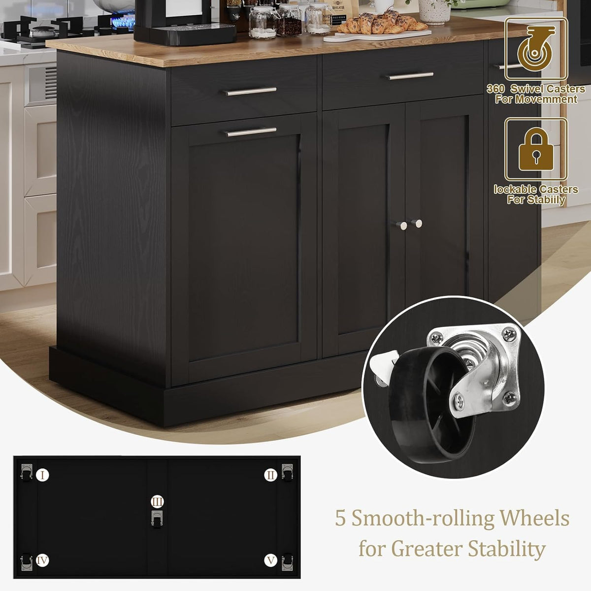 4 EVER WINNER Kichen Island with Storage,Rolling Kitchen Island Cart on Wheels,Mobile Island with Wooden Countertop for Kitchen,Black