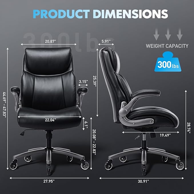 Ergonomic High-Back Executive Office Chairs, Heavy Duty Home Computer Chair with Lumbar Support, Flip-Up Arms, and PU Leather Upholstery, Black