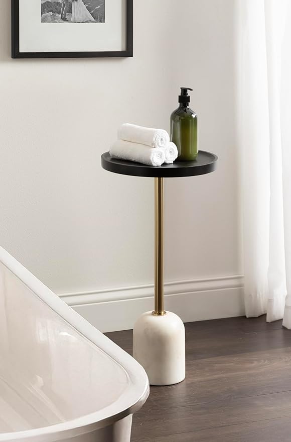 Kate and Laurel Shorrock Round Mango Wood Side Table, 12 x 12 x 24, Black, Gold, and White Marble, Modern Pedestal End Table with Marble Base for Bedroom Nightstand or Living Room Plant Stand