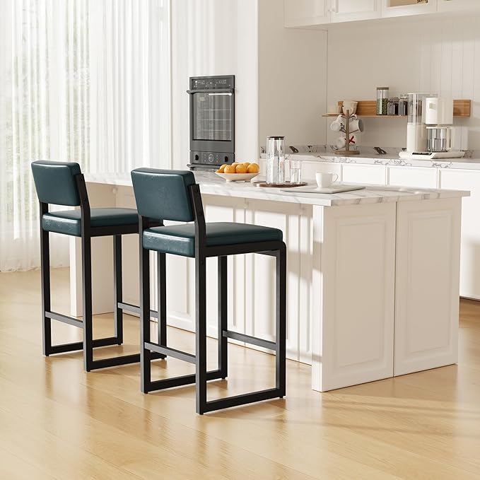 Bar Stools Set of 3, Faux Leather Counter Height Bar Stools with High Back and Metal Legs, Upholstered Bar Chairs, 26" Modern Barstools for Kitchen Island, Dark Blue