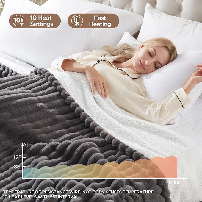 Westinghouse Electric Blanket Full Size, Super Cozy Luxury Faux Fur & Sherpa Heated Blanket with 10 Heating Levels & 1-12 Hours Auto Off, Fast Heating Blanket, Machine Washable, 80x 84 Inch Charcoal