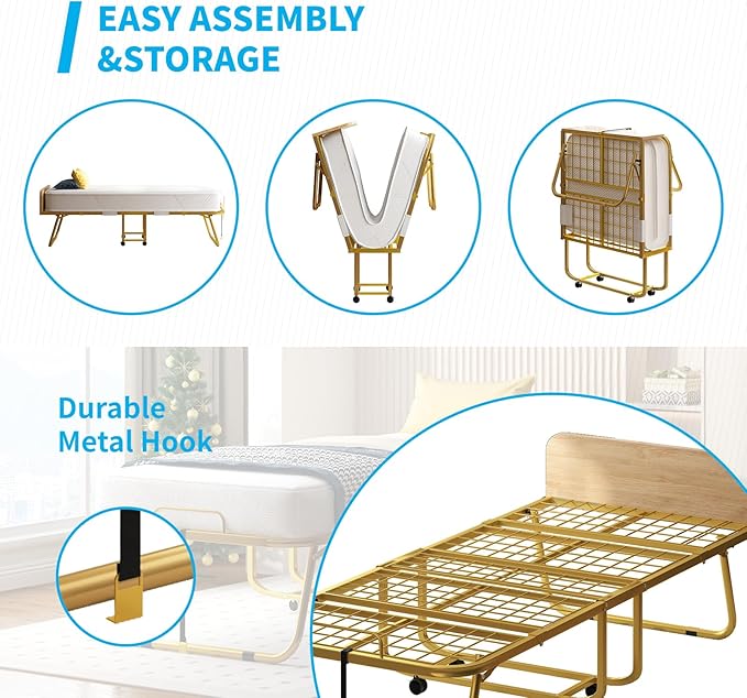 Mjkone Folding Bed with 5" Memory Foam Mattress & Upgraded 75x45 Frame Single Portable Guest Bed, Space-Saving Design, Lockable Wheels for Easy Moving, Quick Assembly & Compact Storage-Gold