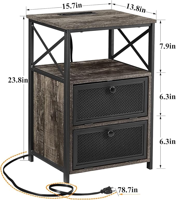 VECELO Misty Gray End Table with USB Ports and Outlets,24 Inch Nightstands with Charging Station and Storage Shelf for Bedroom,Living Room, 2 Set