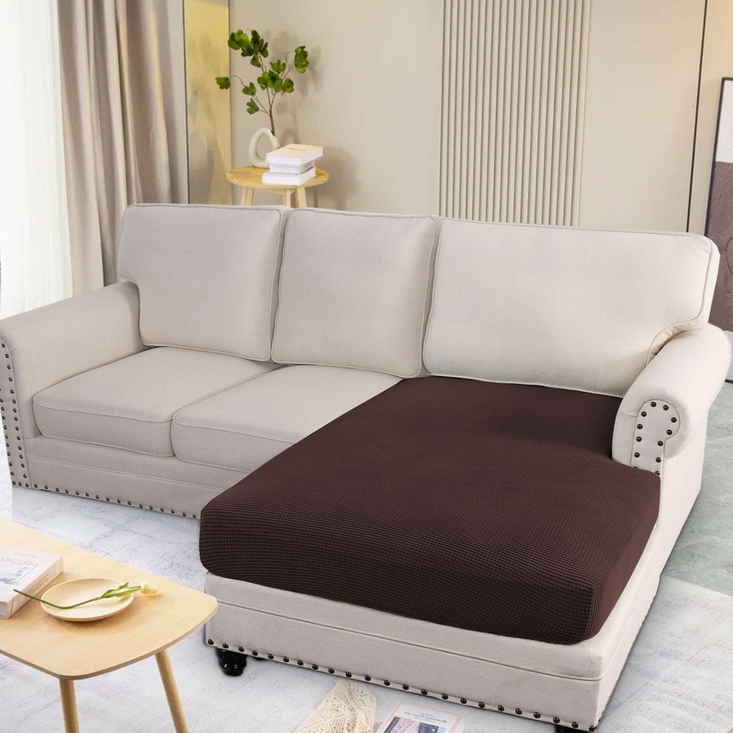 H.VERSAILTEX Super Stretch Individual Chaise Cover Sectional Couch Covers for L Shaped Sofa Both Left/Right Featuring Thick Jacquard Textured Twill Fabric (1 Piece Chaise Cover, Chocolate)
