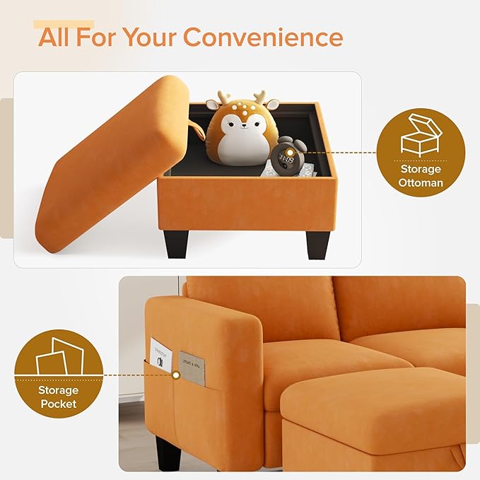 Sectional Sofa Couches for Living Room - 78''Convertible Modular Three-Seater L-Shaped Pet-Friendly Couch,Washable Sofa Cover-Bench Storage, Suitable for Small Living Room, Apartment,Office-Orange