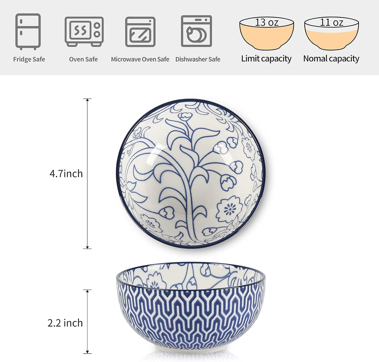 Selamica Ceramic 12 OZ Dessert Bowls Set, Ice Cream Bowls, 4.7 Inch Small Bowls for Snack, Side Dishes, Rice, Microwave Dishwasher Safe, Set of 6, Vintage Blue