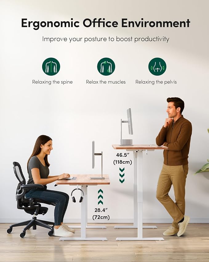 FEZIBO One-Piece Standing Desk Adjustable Height Stand up Home Office Desk, 40x24 Inch Electric Standing Computer Desk, with 4 Memory Presets, Headphone Hook, Light Rustic