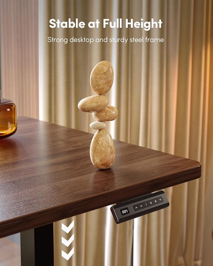 FEZIBO One-Piece Standing Desk Adjustable Height Stand up Home Office Desk, 55x24 Inch Electric Standing Computer Desk, with 4 Memory Presets, Headphone Hook, Black Walnut