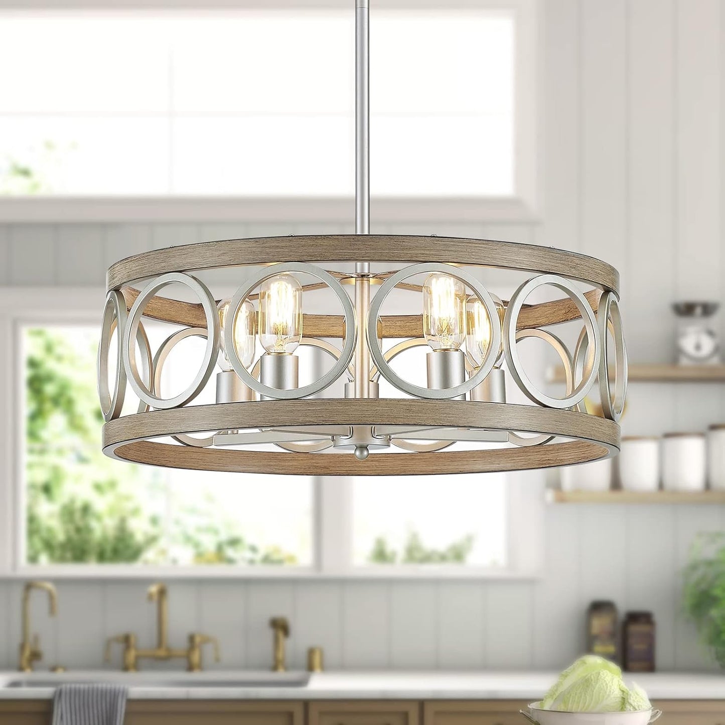 XINGQI 21.7'' Modern Farmhouse Chandelier Drum Pendant Lighting Fixture Hanging Ceiling Lamp for Living Dining Room Over Table, 5 Lights Antique Wood Grain Brushed Nickel with Round Metal