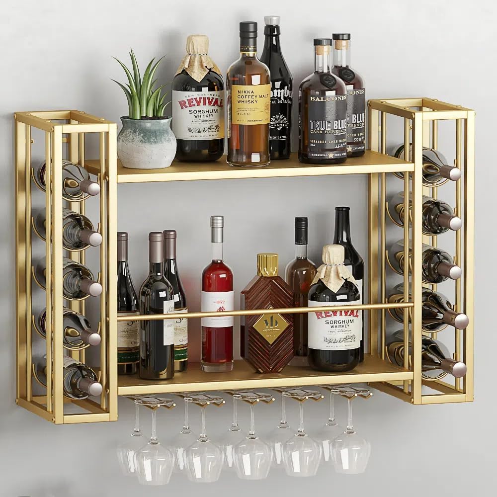 Wall Mounted Wine Rack, Hanging Floating Bar Liquor Shelves with Glass Holder, Metal Bottle Holder Wine Storage Display Shelf for Home Bar, Gold