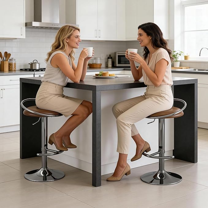 Bar Stools Set of 2, Adjustable Swivel Counter Height Barstools with Upholstered Seat, PU Leather Counter Stools for Bar, Kitchen Island, Dining Room, Gloss Black