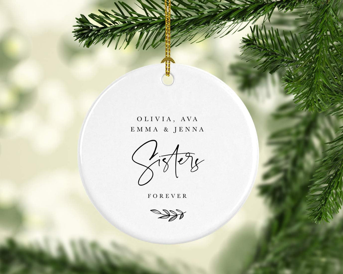 Andaz Press Personalized Best Friends Sorority Sisters Round Ceramic Porcelain Christmas Ornament Keepsake Collectible Gift, Olivia, Ava, Emma & Jenna, Sisters Forever 2024, Antique Handdrawn, 1-Pack