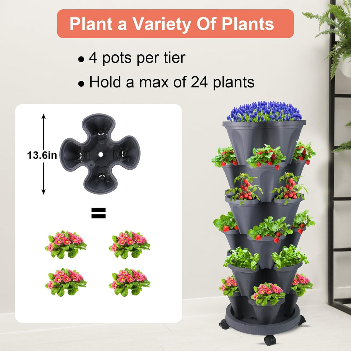 DUNCHATY Stackable Planter, Vertical Garden Planter with Wheels and Tools, Self Watering Strawberry Planter Indoor/Outdoor 6 Tier Herb Planter Pots for Growing Vegetables and Succulents, Dark Gray