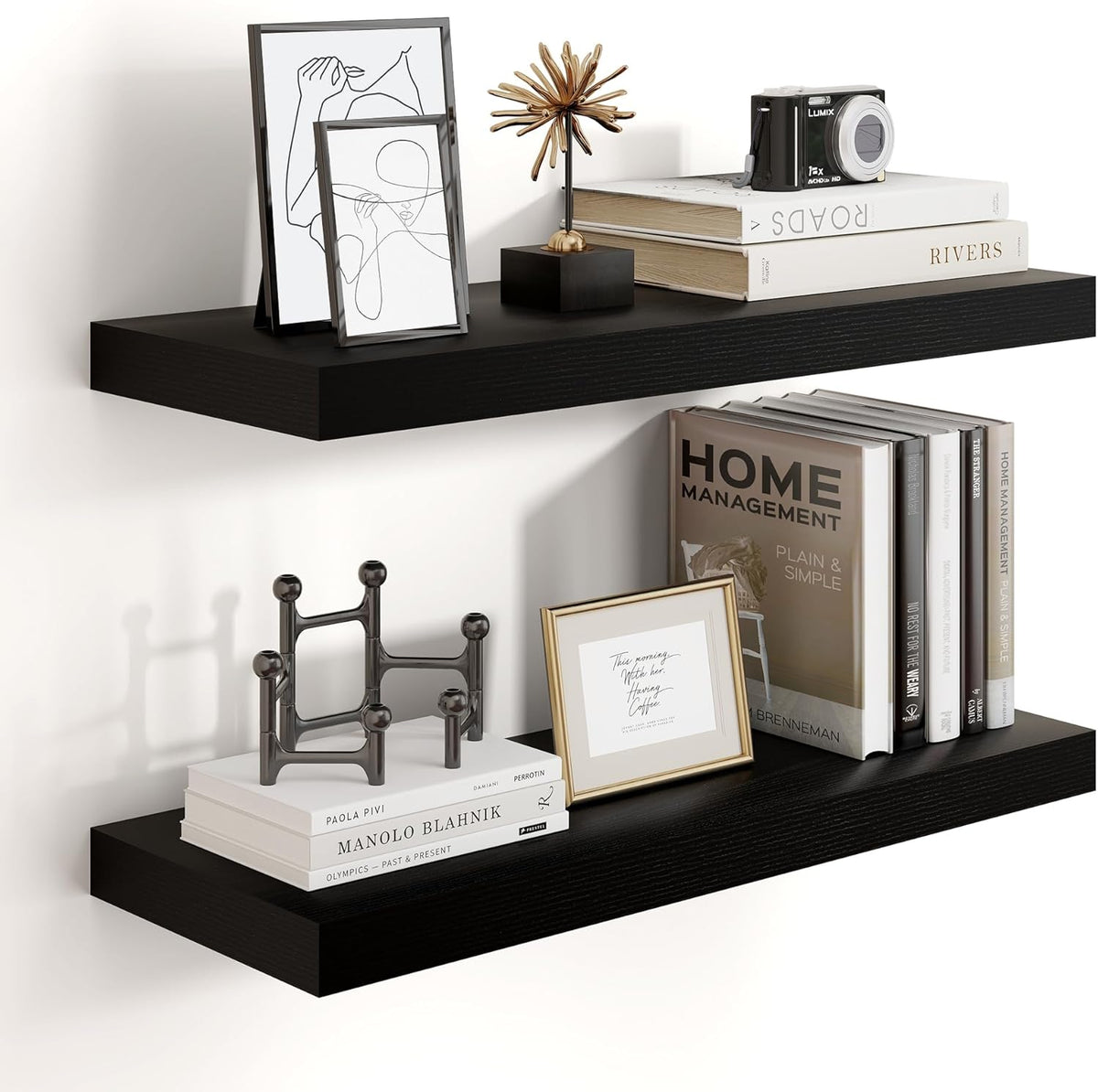 Heimlove 24 inch Floating Shelves for Wall,9.3 inch deep Black Wood Shelves with Invisible Brackets,Wall Mounted Storage & Display Shelves for Bedroom,Living Room,Set of 2