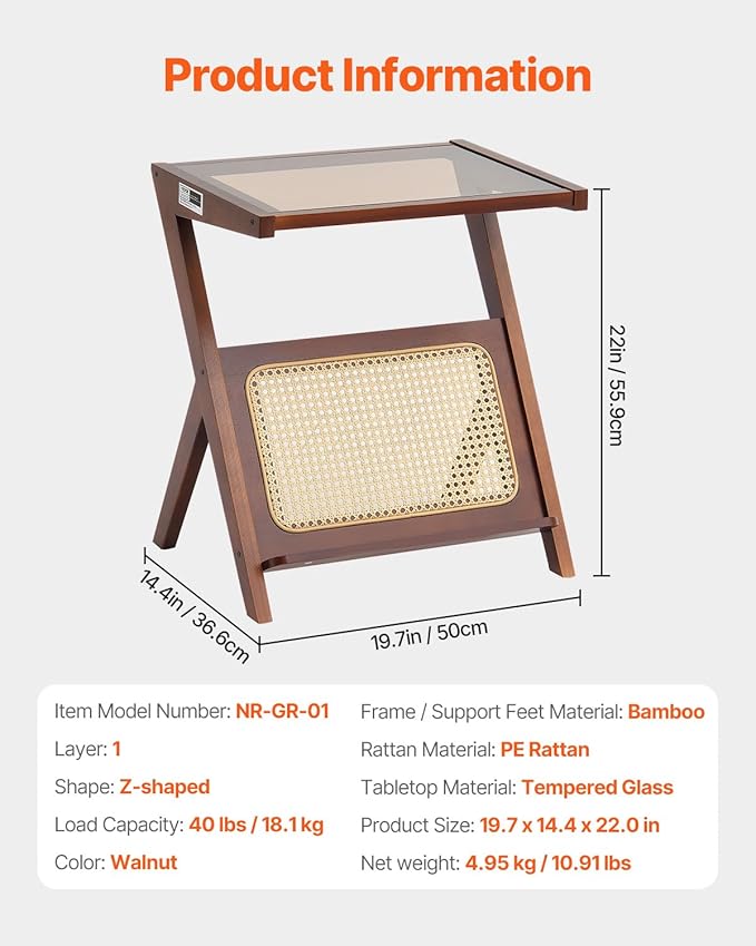 VEVOR End Table, Z-Shaped Rattan Woven Bamboo Coffee Table with Tempered Glass Top, 20” Modern Boho Storage Coffee Table with Natural Bamboo Legs, for Living Room, Bedroom & Small Spaces