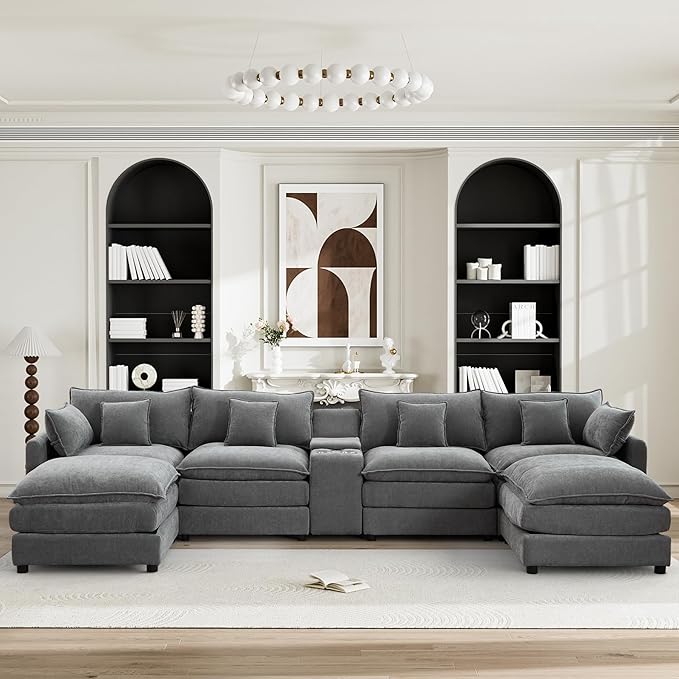 HYJT-H&K 145" U Shaped Cloud Couch Modular Gray Sectional Couches for Living Room, Comfy Fluffy Chenille Oversized Cloud Sectional Couch Large 6 Seat Sectionals Sofa Set Central Console USB Port