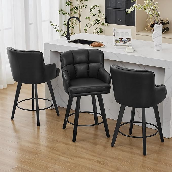 360°Swivel Counter Height Bar Stools with Back, 26 inch Solid Wood Legs, Bar Stool Modern Kitchen Island Chairs, Faux Leather (Black- Faux Leather, 26" H- Set of 2)