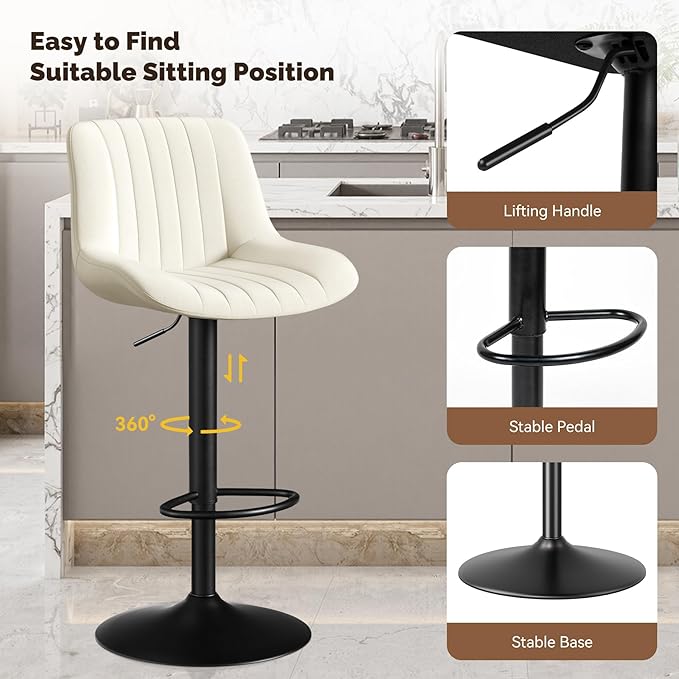 Nalupatio Bar Stools Set of 2, Adjustable Modern Swivel Bar Stools with Backs, Counter Height Performance Fabric Island Chairs for Home Kitchen, Off-White