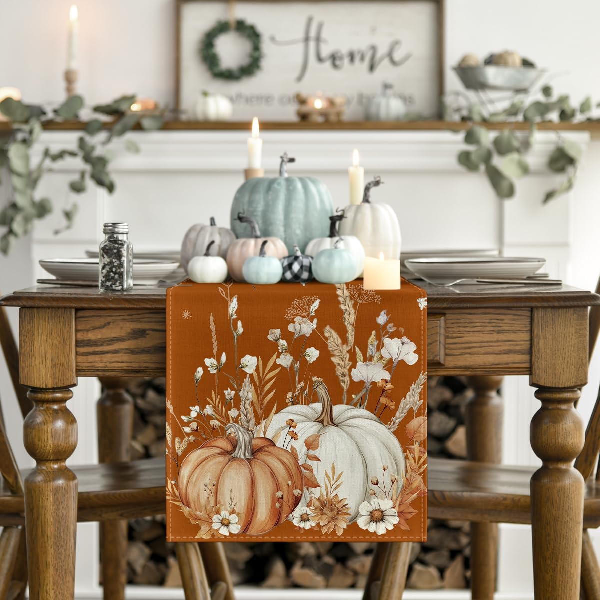 Artoid Mode Orange Pumpkins Leaves Flowers 210 GSM Fall Table Runner, Seasonal Autumn Kitchen Dining Table Decoration for Home Party Decor 13x60 Inch