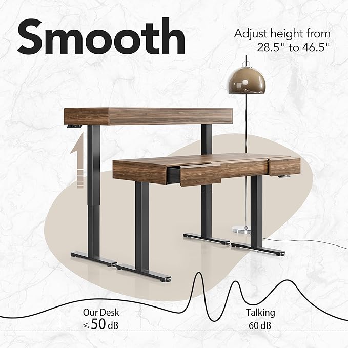 HUANUO Electric Standing Desk with 3 Drawers, 48 Inches Height Adjustable Stand Up Desk, Whole-Piece Board Computer Workstation with 4 Memory Height Settings, Black Walnut