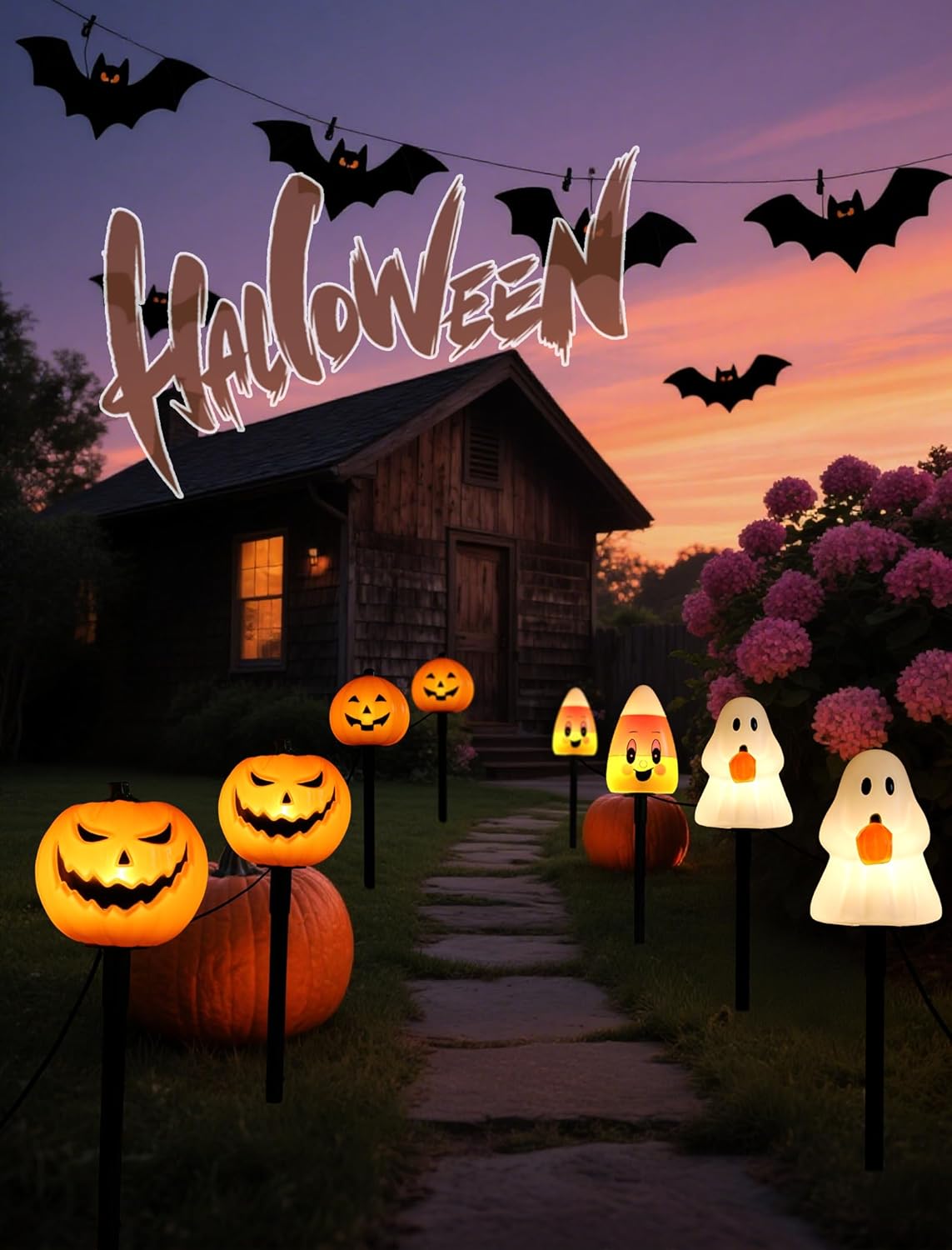 Classic Halloween Charm: 5 Pack Plug-in Pumpkin Pathway Lights Outdoor, Waterproof Jack o' Lantern Garden Stakes with Warm C7 Bulbs for Walkway & Yard Decor