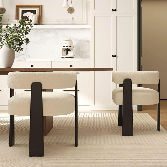 Modern Boho Dining Chairs Set of 2, White Boucle Upholstered Barrel Armchairs with Plush Teddy Fabric, Solid Black Wooden Legs, Mid-Century Accent Chairs for Dining Room, Living Room, Kitchen