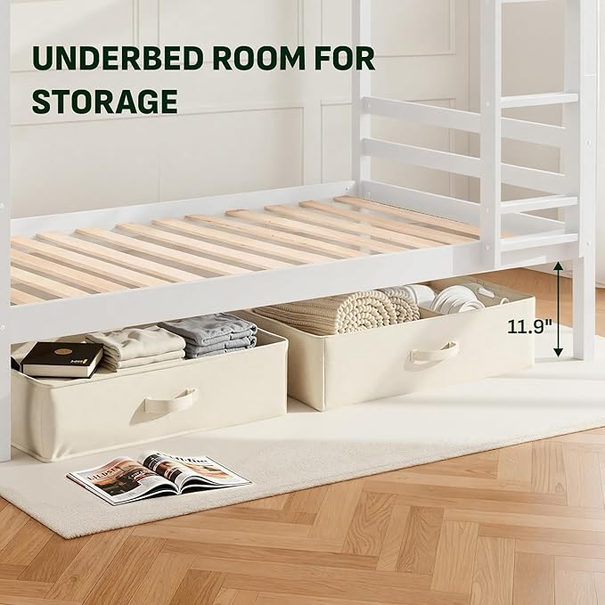 Softa Full Over Full Bunk Bed with Thick Posts,Wooden Bunk Bed with High Guardrail and Ladder for Kids, Teens, Dorm Rooms, and Guest Rooms,No Box Spring Needed,White