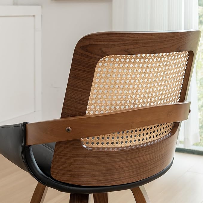 Set of 1 Swivel Rattan Dining Chair - Mid Century Modern Dining Chair with Bentwood Frame, Ergonomic Cane Back, Curved Arms, Faux Leather Swivel Chair for Kitchen/Restaurant (Walnut Black, Set of 1)