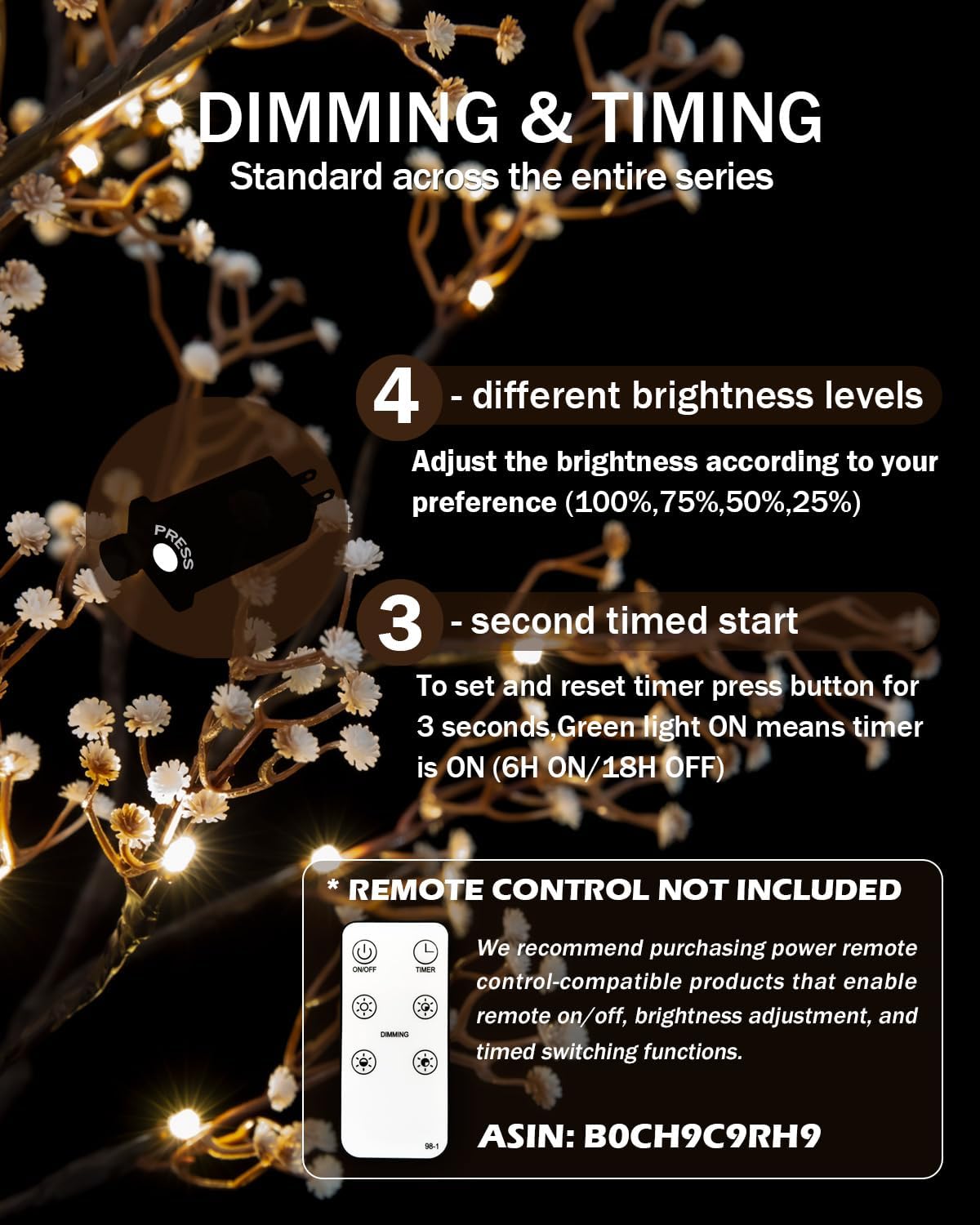 4ft Lighted Baby's Breath Tree with 64 Warm White LED Lights for Holiday Decor - Dimmable, UL Certified, Waterproof - Ideal for Indoor and Outdoor Decoration