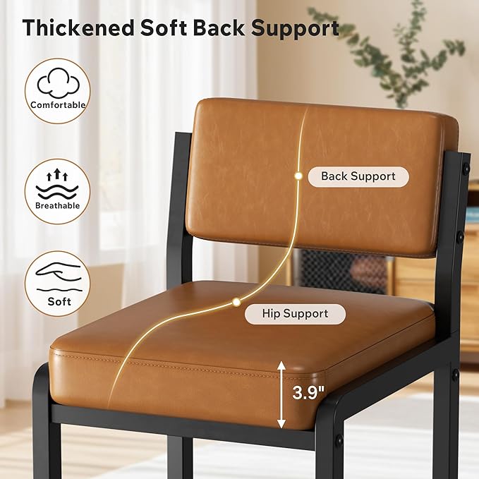 Bar Stools Set of 3, Faux Leather Counter Height Bar Stools with High Back and Metal Legs, Upholstered Bar Chairs, 26" Modern Barstools for Kitchen Island, Caramel