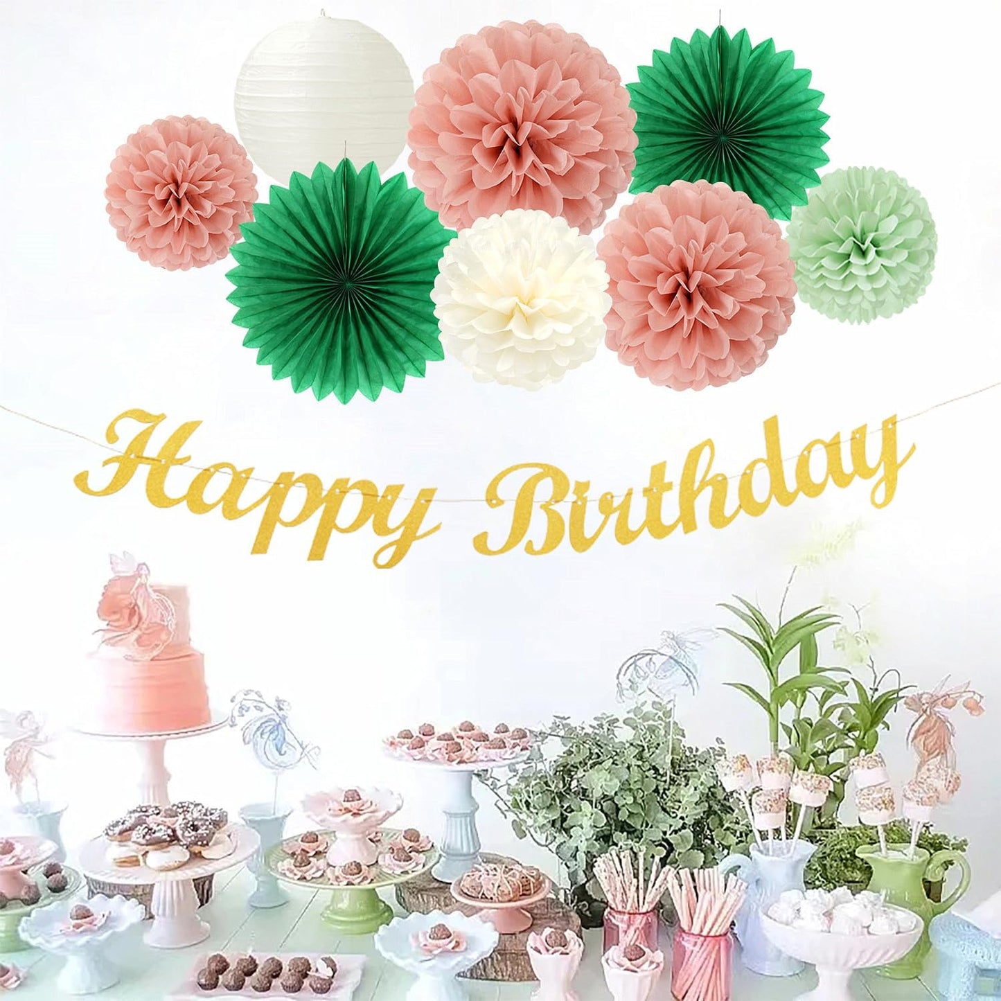 Sage-Green Pink Birthday Party-Decorations Paper-Flowers - 14pcs Happy Banner Spring Lanterns Tissue Pom Poms,Boho Streamers Garland Fans,Neutral Rustic Garden Office Hanging Supplies Decor Hugfond