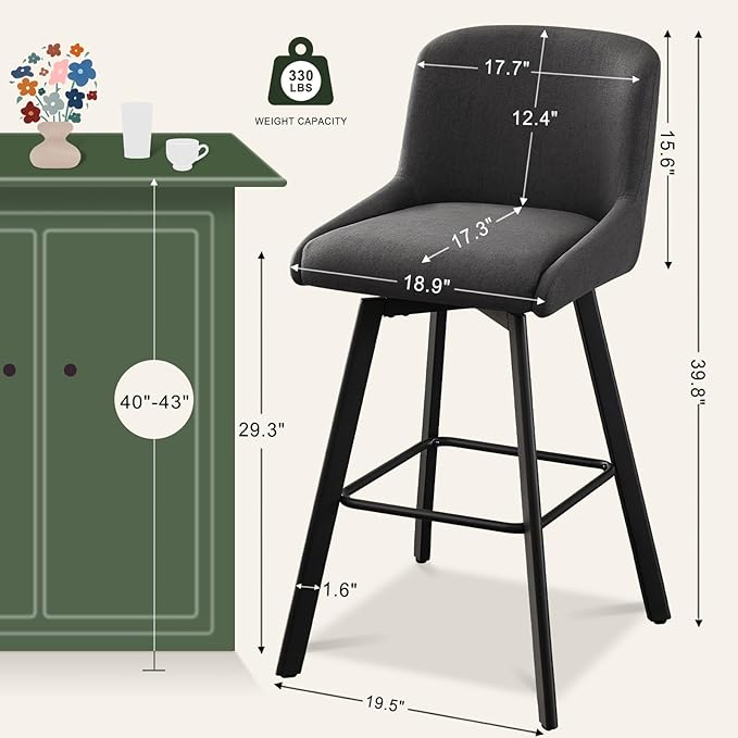 Swivel Counter Height Bar Stools Set of 3, 29''H Upholstered Barstools with Backs, Modern Bar Stool Chairs for Kitchen Island, Metal Legs, Fabric, Black Grey Stools Counter Chair