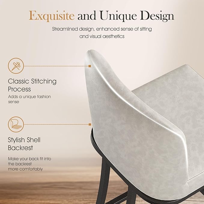 Sophia & William Counter Stool Set of 2, 24" Bar Stools with Back, Faux Leather Upholstered, 330lbs, Light Grey