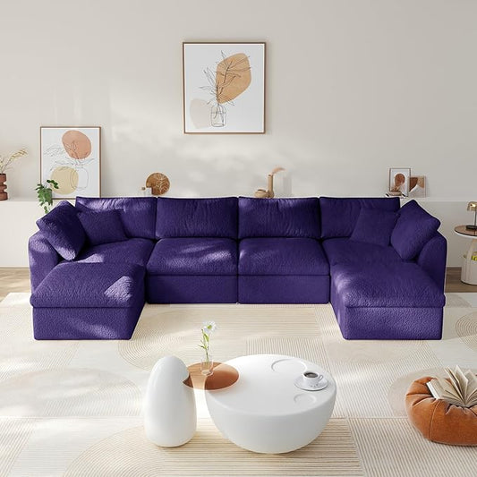138" Boneless Cloud Couch Modular Sectional Sofa with Deep Seat for Living Room, L Shape Couch with Ottoman, Snowflake Cloth and 40D Memory Sponge，2 Throw Pillows (Purple, 4 Seater+2 Ottoman)